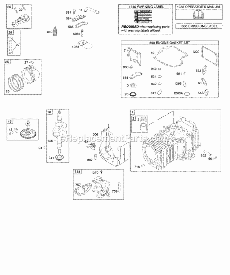 Camshaft Crankshaft Cylinder Gasket Set - Engine OperatorS Manual Piston Rings Connecting Rod Warning Label Diagram and Parts List for  Briggs and Stratton Engine